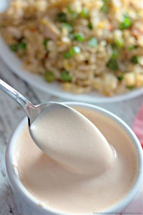 These ingredients are mayonnaise, ketchup or tomato sauce, melted butter, rice wine vinegar, mirin, garlic powder, onion powder, paprika, and sugar. Yum Yum sauce on a spoon | Yum yum sauce, Chicken fried ...