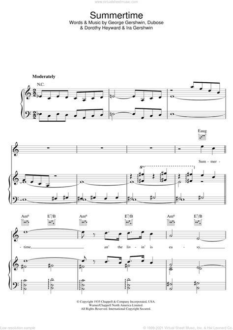 George Gershwin Summertime From Porgy And Bess Sheet Music For Voice Piano Or Guitar