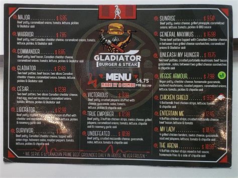 Menu At Gladiator Burger Steak Restaurant Mississauga Erin Mills Pkwy
