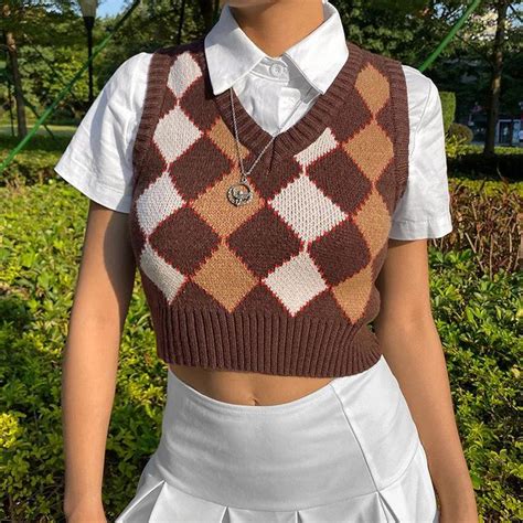 Argyle Knit Casual Sweater Vest 90s Y2k Brown Streetwear Vintage