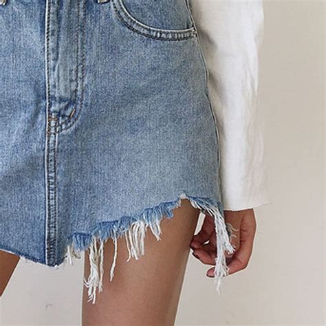 Exotao Summer Jeans Skirt Women High Waist Jupe Irregular Edges Denim Skirts Female Mini Saia