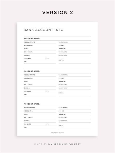 Bank Account Information Tracker Printable Bank Account Log Etsy