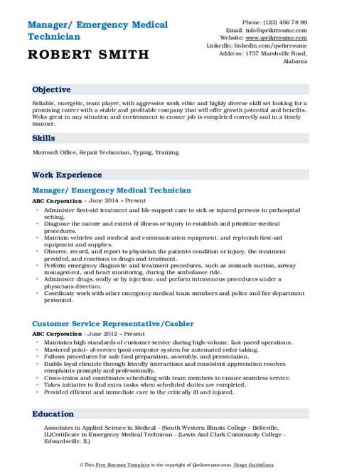 Tips on writing emergency management resume examples. Emergency Medical Technician Resume Samples | QwikResume