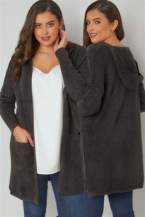 Dark Grey Hooded Cardigan With Pockets Plus Size 16 To 36