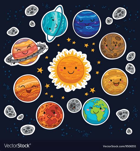 Sticker Set Of Solar System With Cartoon Planets Vector Image