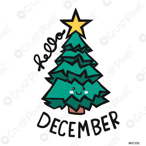 Hello December Christmas Tree Cartoon Vector Illustration Stock