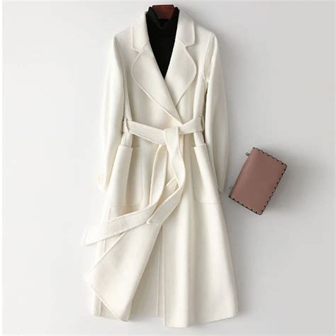 2020 Autumn Women White Double Faced Cashmere Coat Winter High Quality