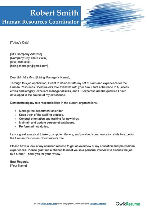 Human Resources Coordinator Cover Letter Examples Qwikresume