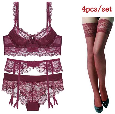 push up lace bra and knickers with garter suspender belt and stocking 4 piece set ebay