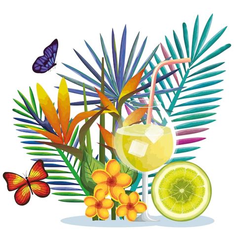 Premium Vector Tropical Cocktail With Lime Fruit And Decoration Floral Vector Illustration Design
