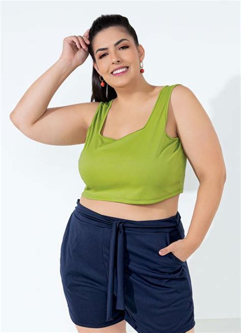 Cropped Verde Com Decote Quadrado Plus Size Marguerite