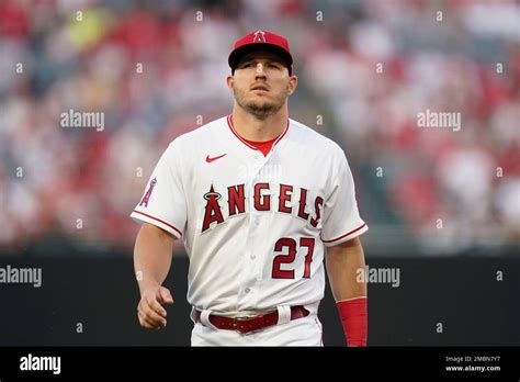 Los Angeles Angels Center Fielder Mike Trout 27 Walks On The Field To