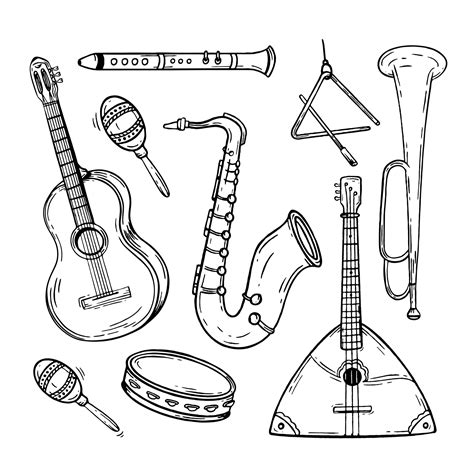 Set Musical Instruments Hand Drawn Style Vector Black And White Doodle