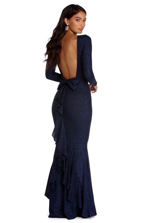 Shinny Knit Navy Blue Long Sleeve Backless Maxi Evening Dresses China Backless Dresses And