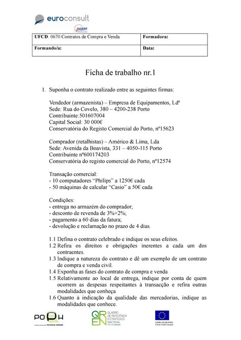 Ficha De Trabalho Nº 1 Ufcd 0670 Contratos De Compra E Venda