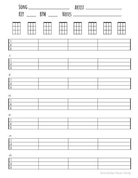 Ukulele Blank Tabs Chords Chart Instant Download Blank Sheet Music Ukelele Minimalist Uke