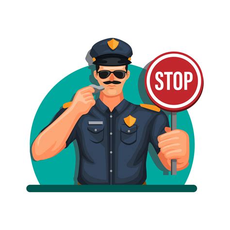police man gesture and holding stop sign avatar character mascot concept in cartoon illustration