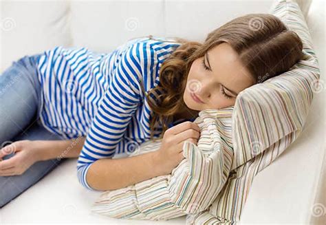 Smiling Teenage Girl Sleeping On Sofa At Home Stock Image Image Of Comfortable Morning 41966013