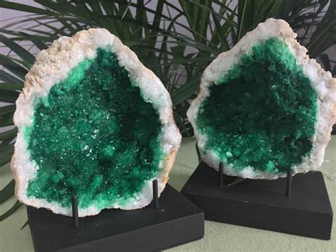 4″ 5″ Large Green Geode Pair With Stands Orchids And Ivory