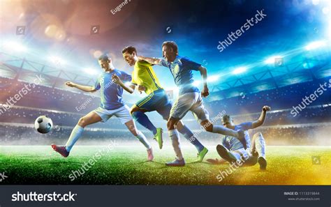 Soccer Players Action On Sunset Stadium Stock Photo Edit Now 1113319844