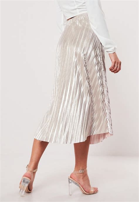 Rose Metallic Plisse Midi Skirt Missguided