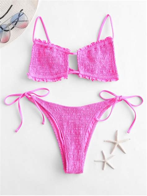 Off Zaful Cutout Tie Side Smocked Bikini Set In Hot Pink Zaful