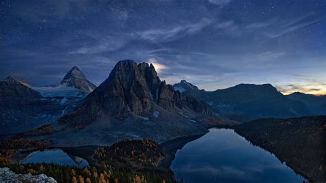 Landscape Of Forest Lake Mountain During Nighttime Under Starry Sky Hd