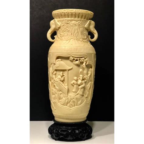 Ornately Carved Chinese Scenic Vase Welephant Handles