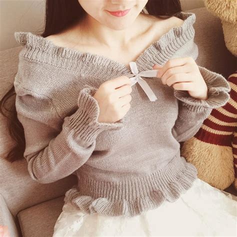 2019 Japanese Style Cute Women Off Shoulder Sweater Slash V Neck Knitted Ruffle Sweaters Crop