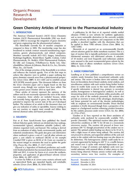 Green Chemistry Articles Of Interest To The Pharmaceutical Industry