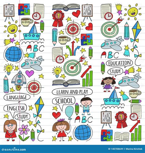 Vector Set Of Learning English Language Children S Drawing Icons In