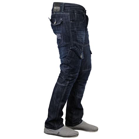 Mens Denim Jeans Crosshatch Cargo Combat Pants Bottoms Straight Leg