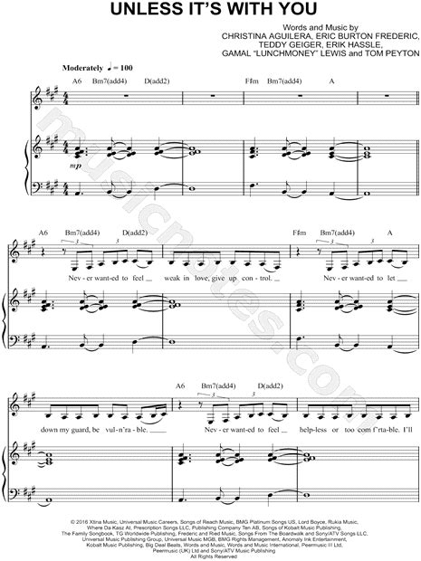 Christina Aguilera Unless Its With You Sheet Music In A Major