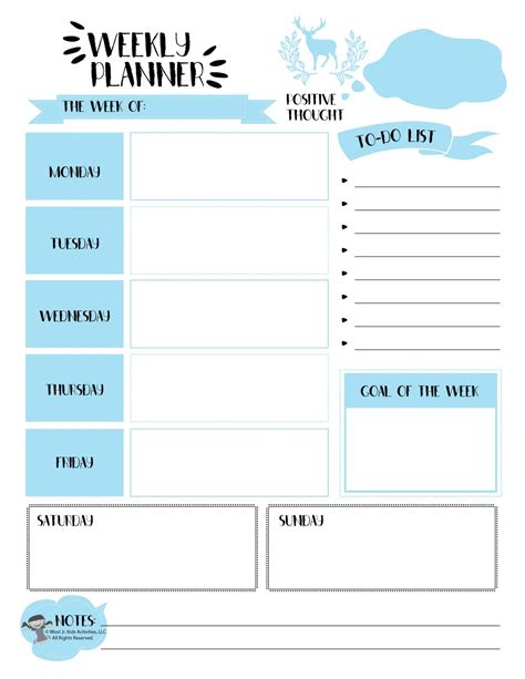 Blue Weekly Planner Printable Woo Jr Kids Activities กระดาษสมุด
