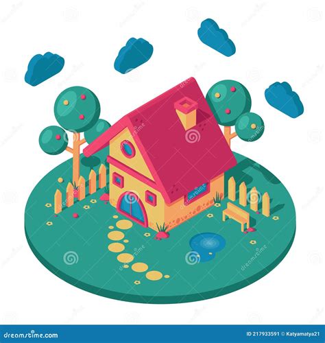 Cartoon Cute Country House With Garden Stock Vector Illustration Of