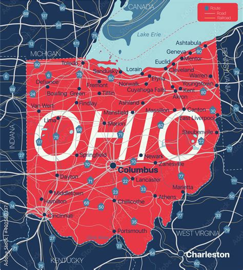 Ohio State Detailed Editable Map With Cities And Towns Geographic