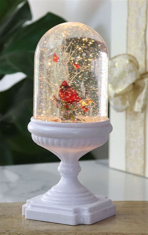 Lighted Musical Snow Globe With Cardinals On White Glitter