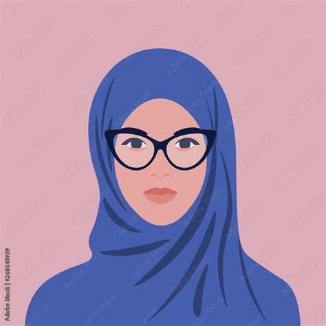 Portrait Of An Arabian Woman In Hijab And Glasses Muslim Girl Avatar Vector Flat Illustration