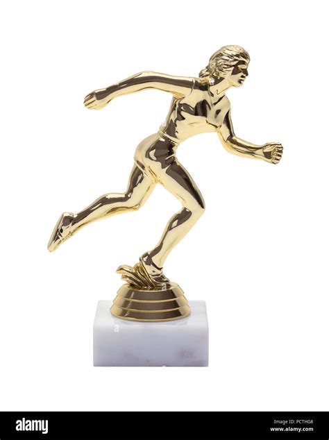 Gold Womans Running Trophy Isolated On A White Background Stock Photo