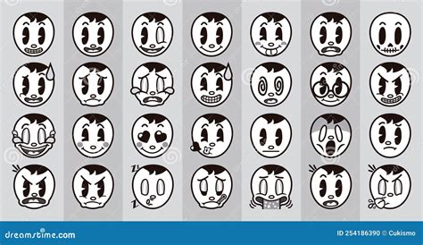 Vintage Black And White Funny Man Face Emoticons Set Stock Vector