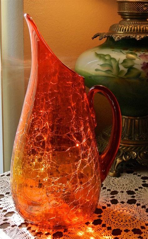 Blenko Amberina Crackle Blown Glass Winslow Anderson Large Modern Pitcher Glass Blowing