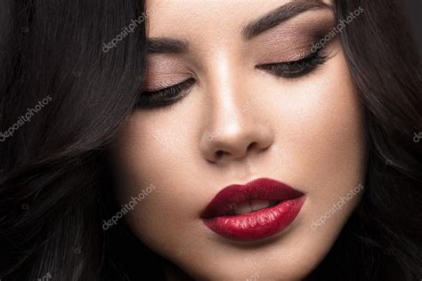 Beautiful Brunette Model Curls Classic Makeup And Red Lips The