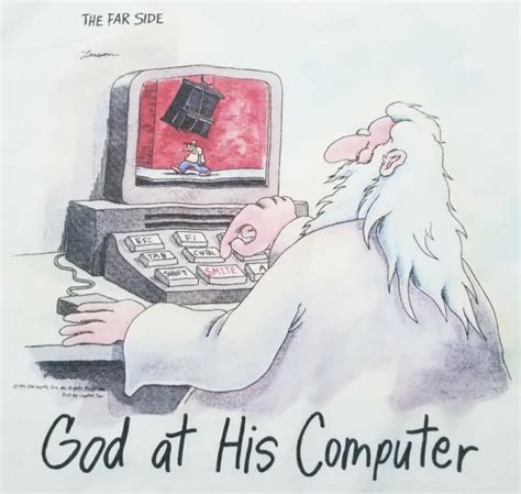 Vintage Usa The Far Side Comic God At His Computer Smite Button Large T