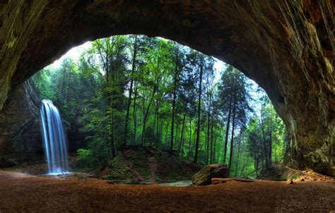Wallpaper forest, trees, landscape, nature, photo, water, rocks, sand, Waterfall, stream, cave ...