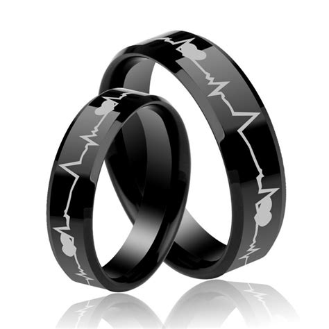 Black Couples Engravable Heartbeats Promise Rings In Titanium