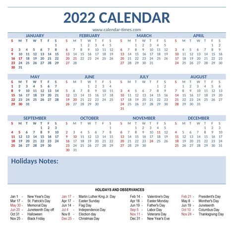 2022 Calendar Printable With Holidays Calendar Times