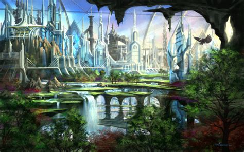Cityscapes Futuristic Garden Fantasy Art Waterfalls Wallpapers Hd