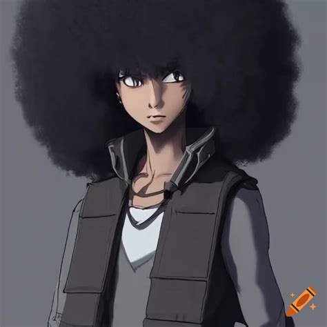 Anime Character With Black Afro Hair And Bulletproof Vest