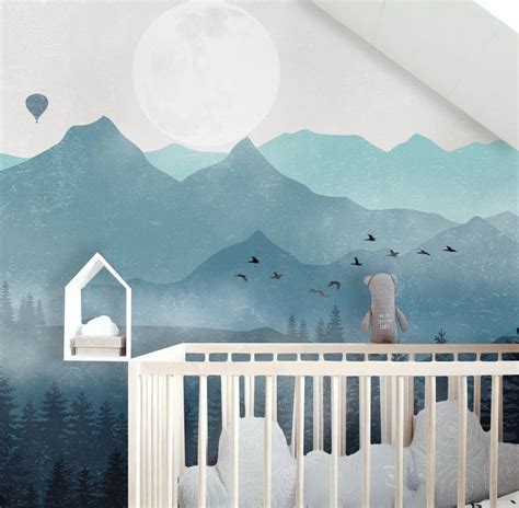 Misty Mountain Landscape With Moon Wallpaper Mural Mountain Mural