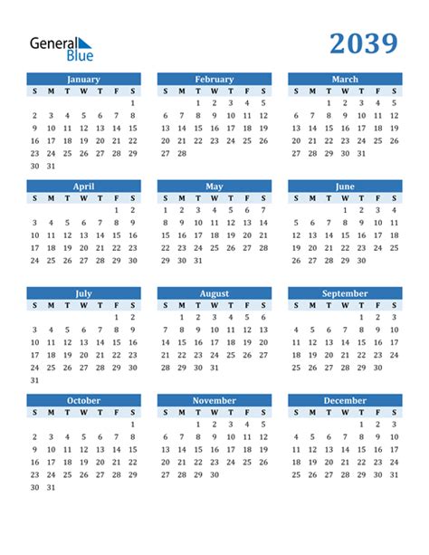 2039 Calendar Pdf Word Excel